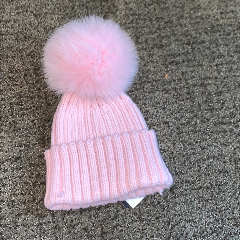 Adrienne Landau pink baby hat with fur Pom Pom